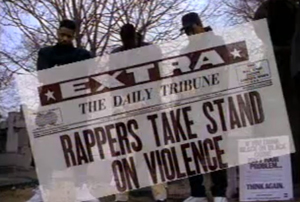 A still from the video for "Self Destruction" organized by KRS-One's Stop the Violence Movement in 1989.