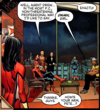 Jessica Drew's re-introduction to the superhero world focused primarily on her body (from New Avengers vol. 1, #4)
