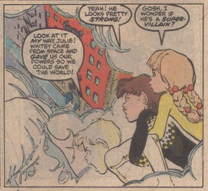 "Whitey came from space and gave us our powers so we could save the world!" Sorry to break the news, Alex, but that's true of every superhero. (from Power Pack #31)