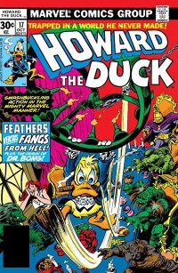The cover to Howard the Duck #17. Howard is swinging from a chandelier with a cigar in his mouth, while Dr. Bong and his monsters (and a frightened Bev) are below.