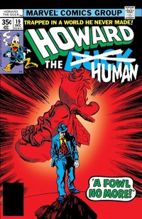 The cover to Howard the Duck #19. A human walks away from the ghostly image of Howard in profile.