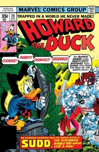 The cover to Howard the Duck #20. Howard cowers behind a trash can lid from a humanoid monster made of scrubbing bubbles.
